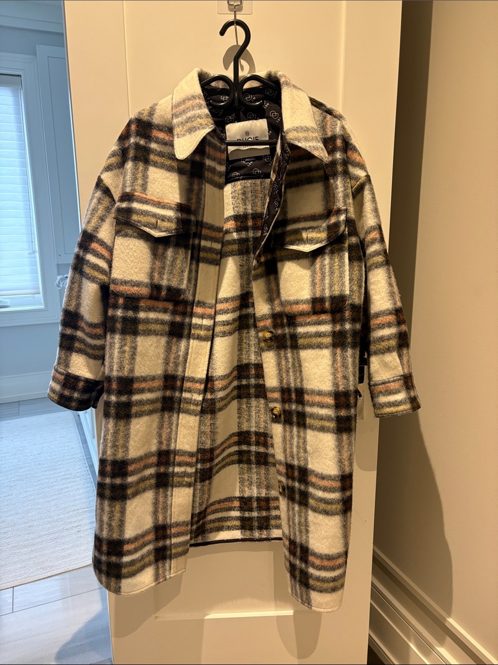 DUCIE Plaid Wool-Blend Shacket Jacket - Cream/Brown